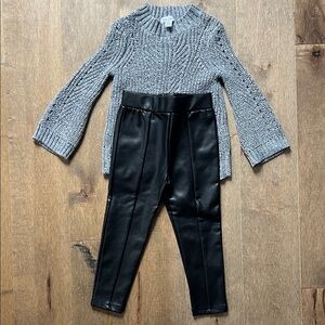 EUC SPLENDID 2T Gray shimmer Knit Sweater and Black Faux Leather Leggings Set